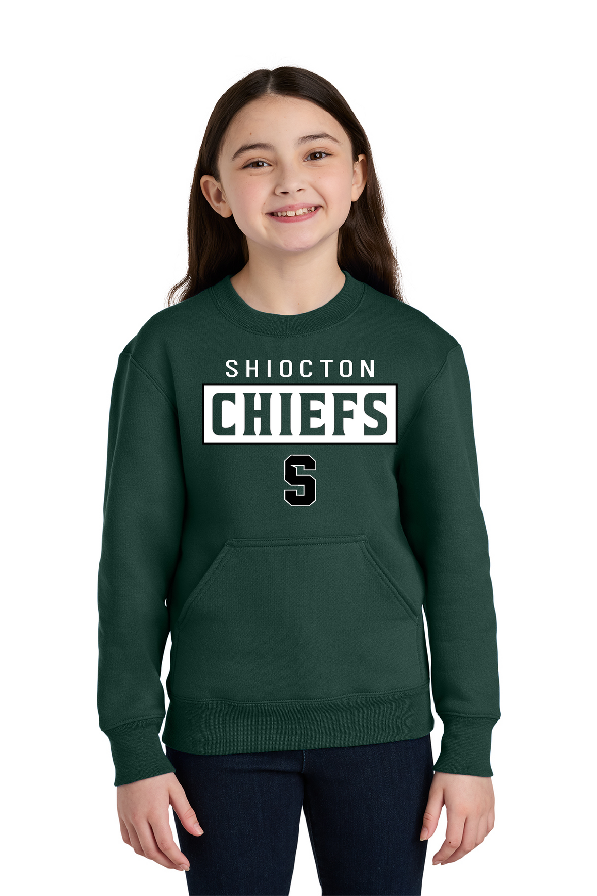 Shiocton Chiefs Port & Company Forest Kangaroo Pocket Crew ~ Youth
