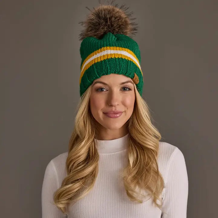 Green, Gold & White Knit Pom Hat