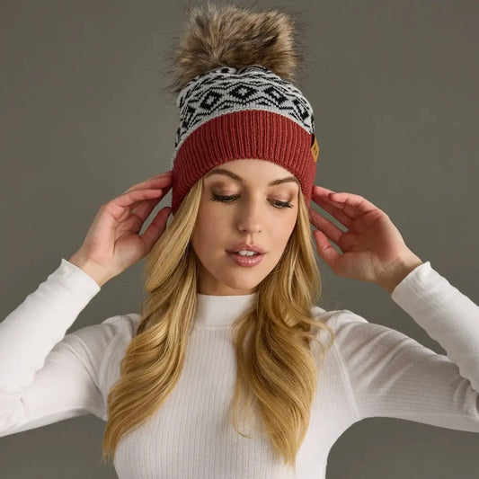 Grey, Black and Rust Pattern Pom Hat