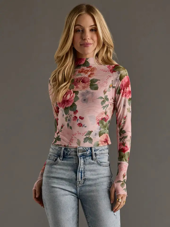 Pink and Green Floral Lined Mesh Top