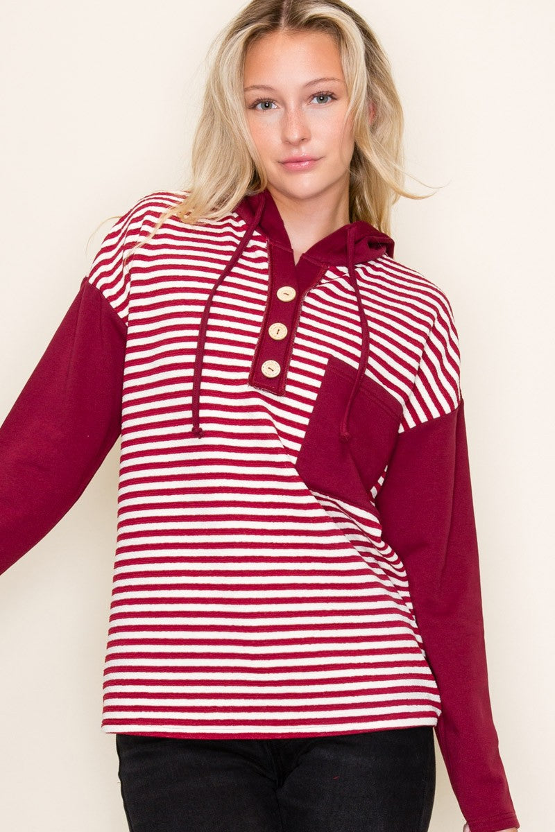 Half Button Striped Henley with Hood-2 Colors