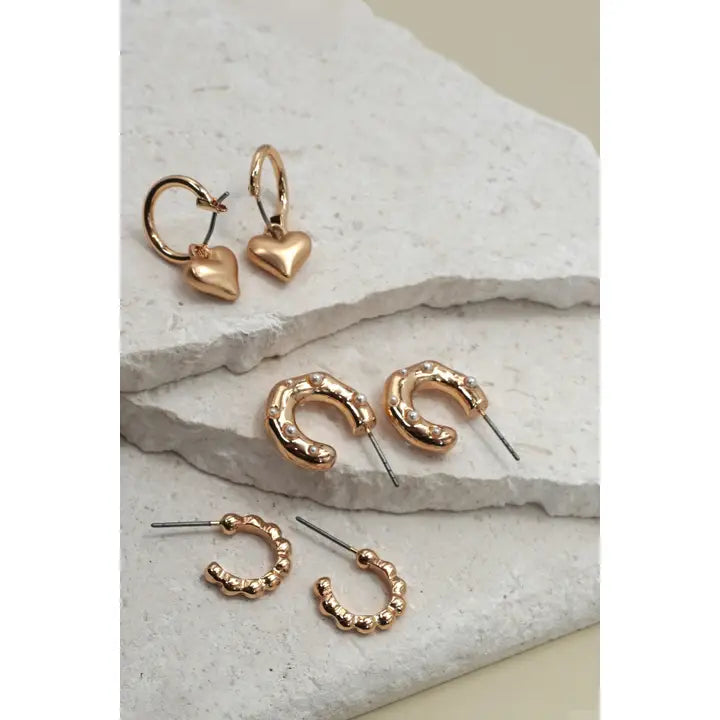 Heart Drop Pearl Studed Hoop Trio Earrings