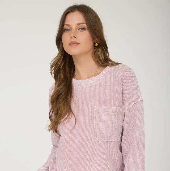 Mauve Washed Pocket Detail Long Sleeve Rib Knit Top