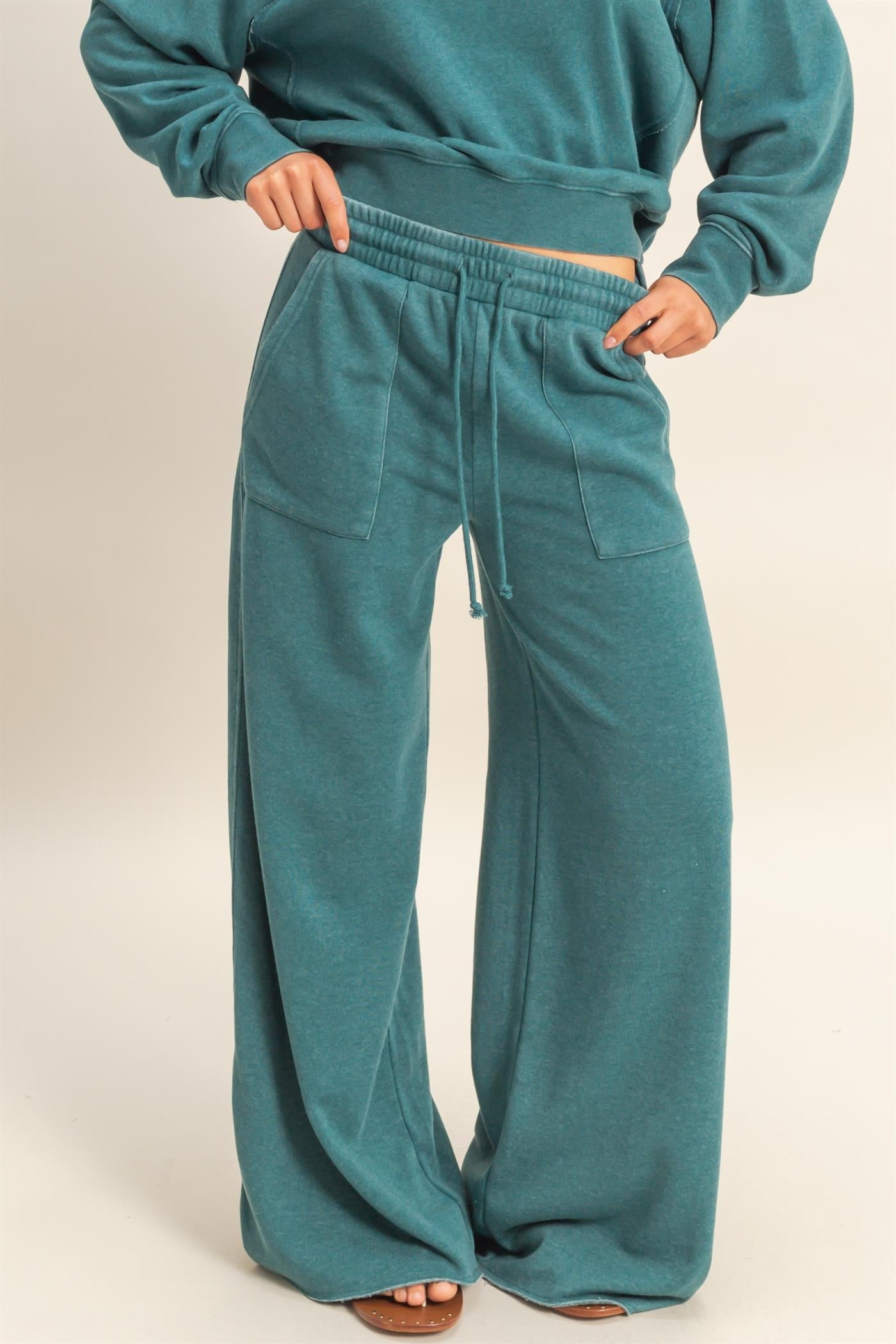 Dark Teal French Terry Wide Leg Pant