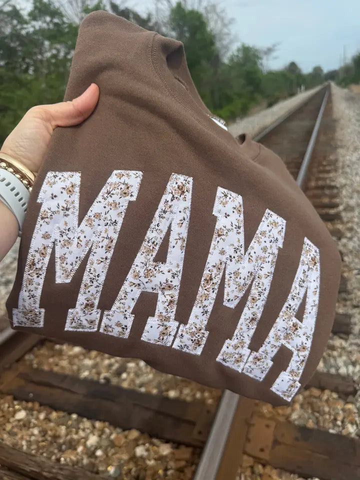 Brown Mama Floral Embroidered Crew Neck