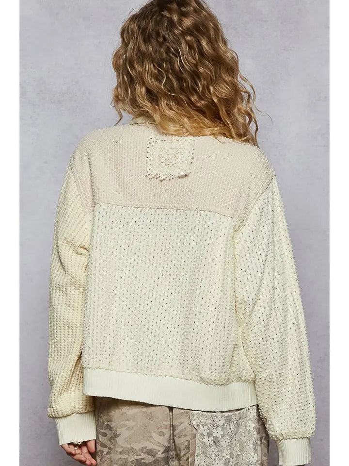 Cream Vintage Washed Crochet Patch Solid Twill Jacket