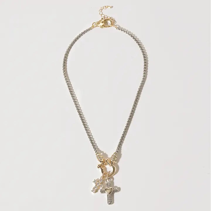 Double Cross Cz Pave Two-Tone Necklace