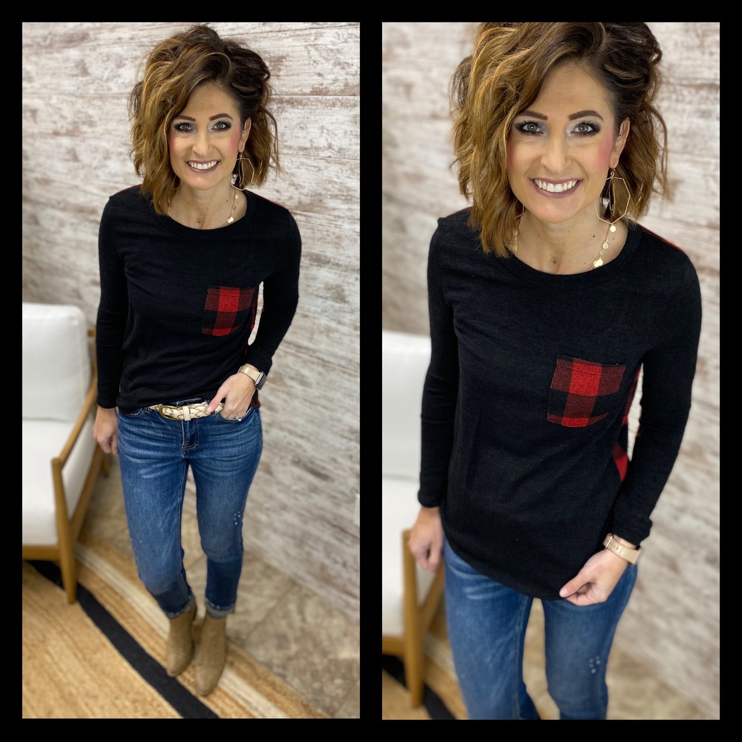Black Plaid Pocket Knit