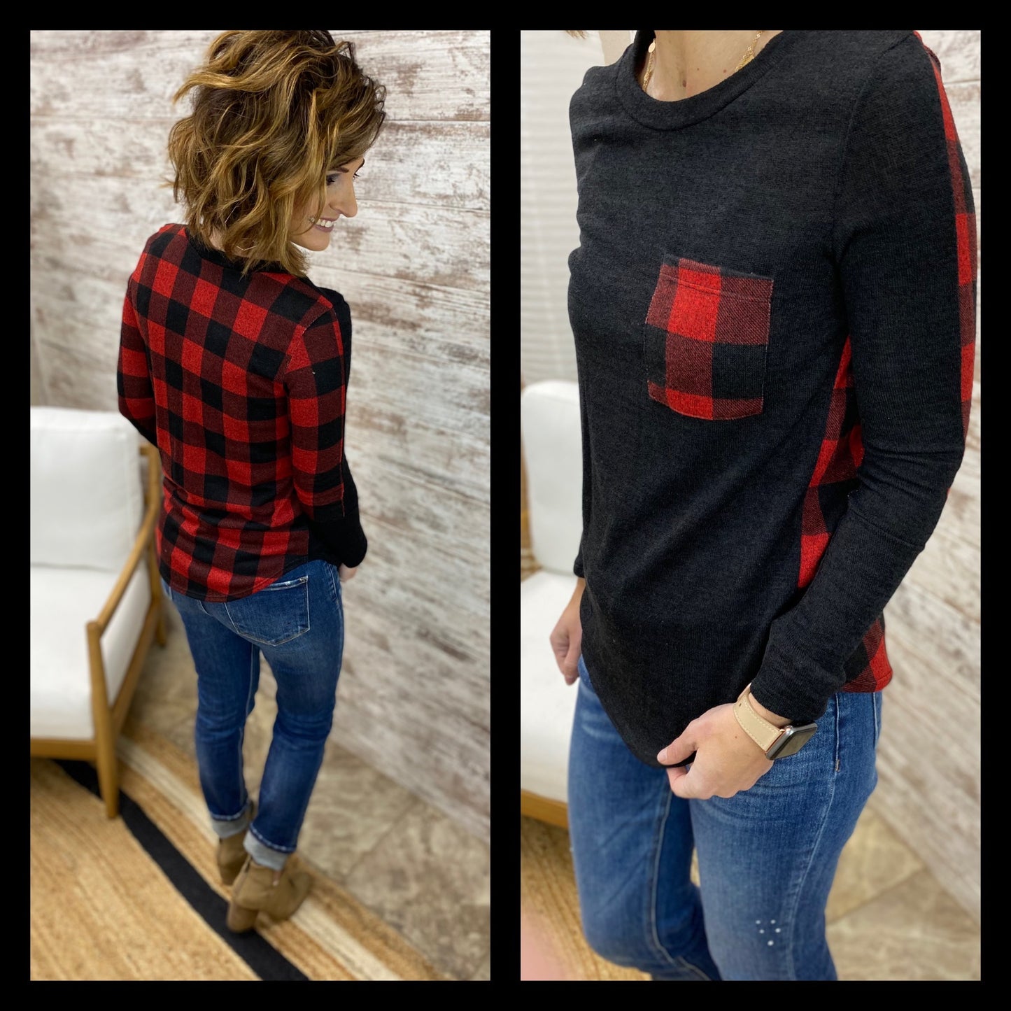 Black Plaid Pocket Knit