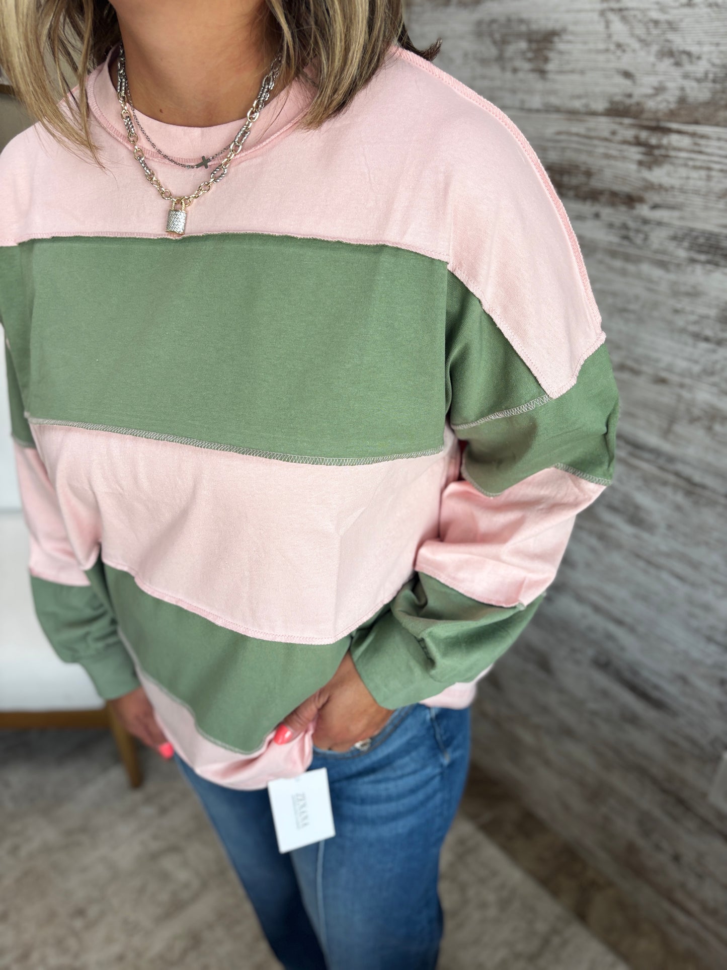 Peony/Green Color Block Striped Pullover