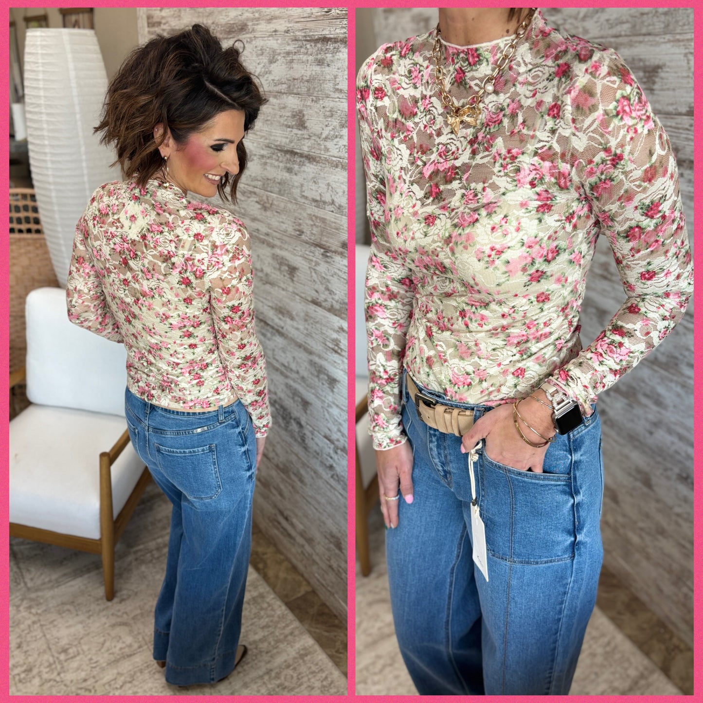 Cream and Pink Floral Mesh Top