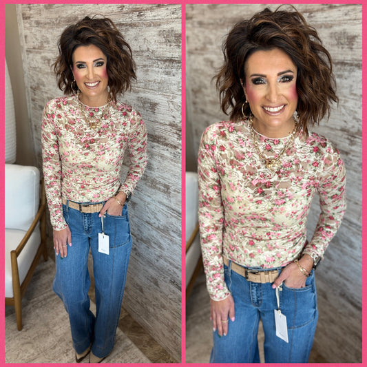 Cream and Pink Floral Mesh Top