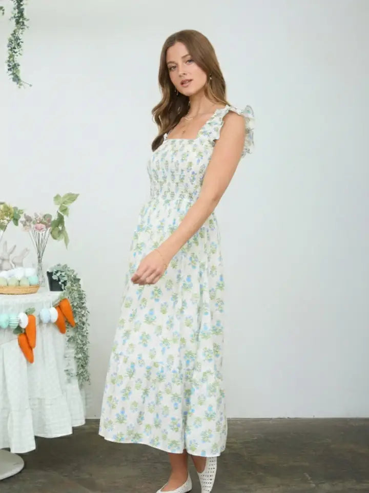 Multi Blue Floral Smocked Midi Dress