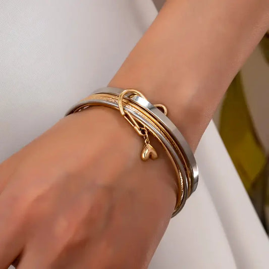 Gold Silver Heart Linked Multi Bangle Set Bracelet