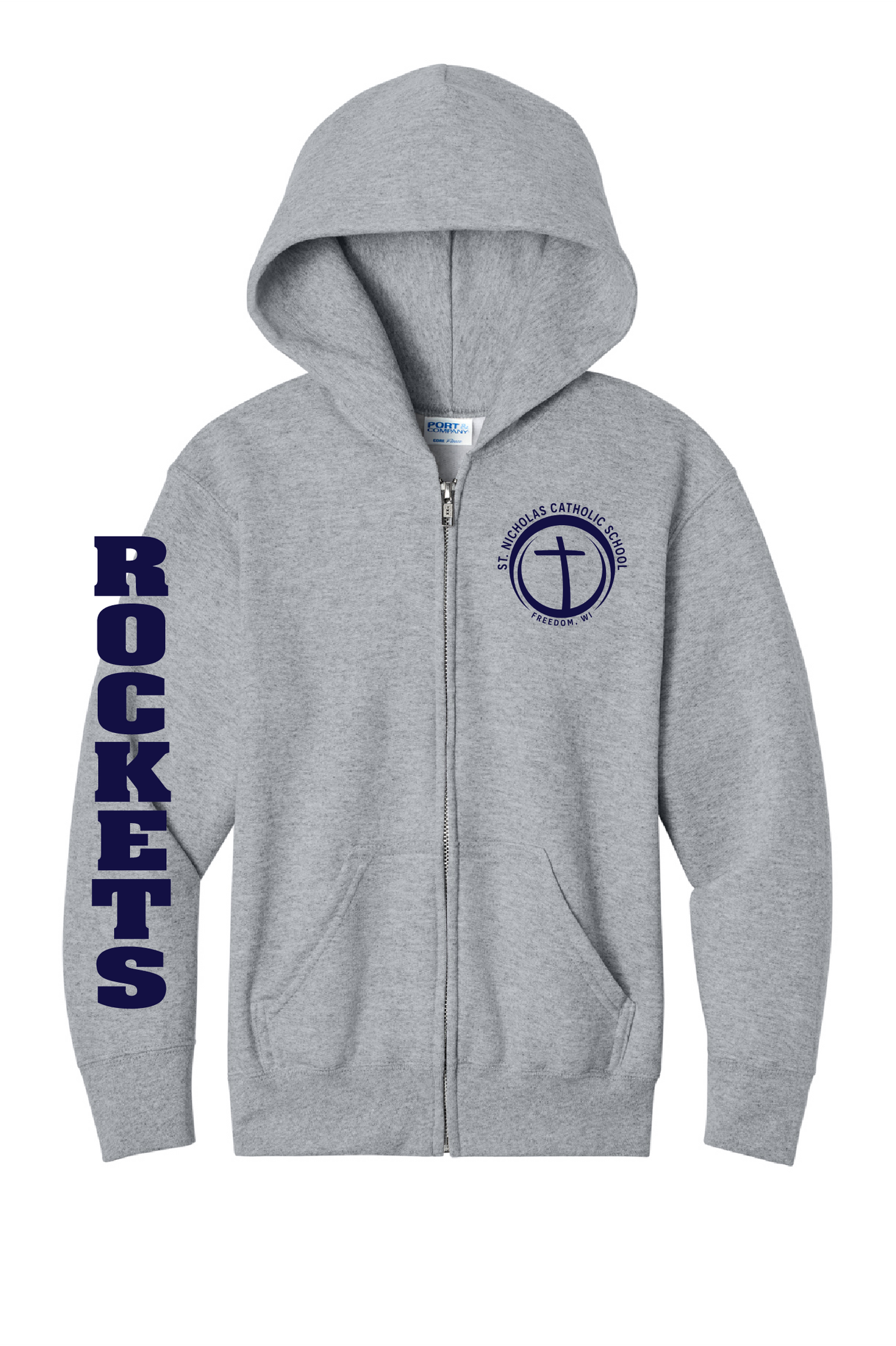 St. Nick's Port & Company Full Zip Hoodie ~ Youth~ 2 Colors ~ Rockets down the Sleeve