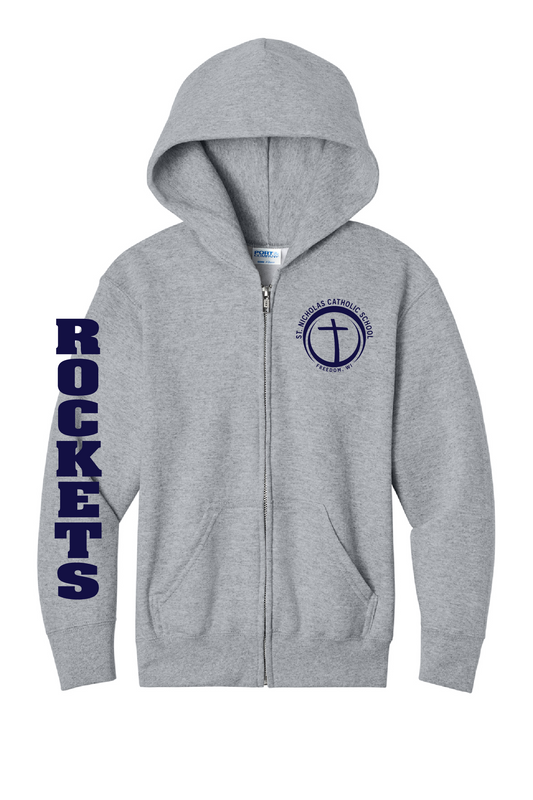 St. Nick's Port & Company Full Zip Hoodie ~ Youth~ 2 Colors ~ Rockets down the Sleeve
