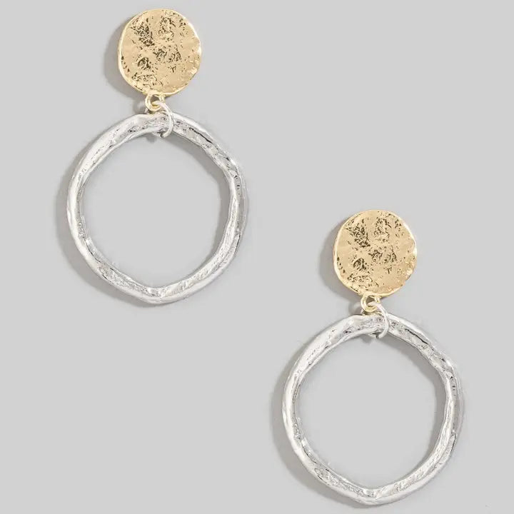 Two Tone Hammered Hoop and Disc Dangle Earrings