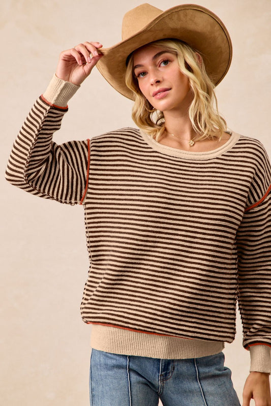 Oat/Brown/Rust Striped Crew Sweater