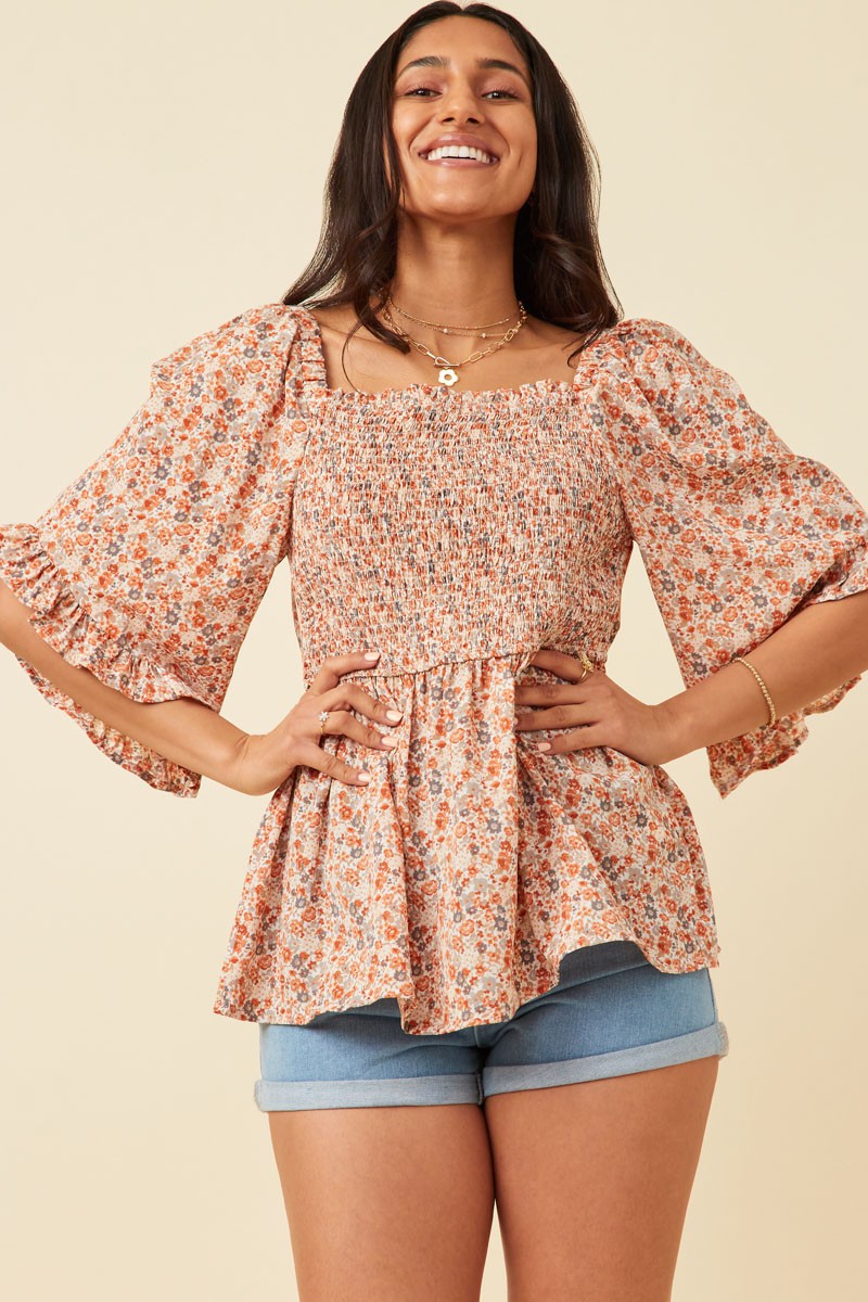 Orange Floral Babydoll Top
