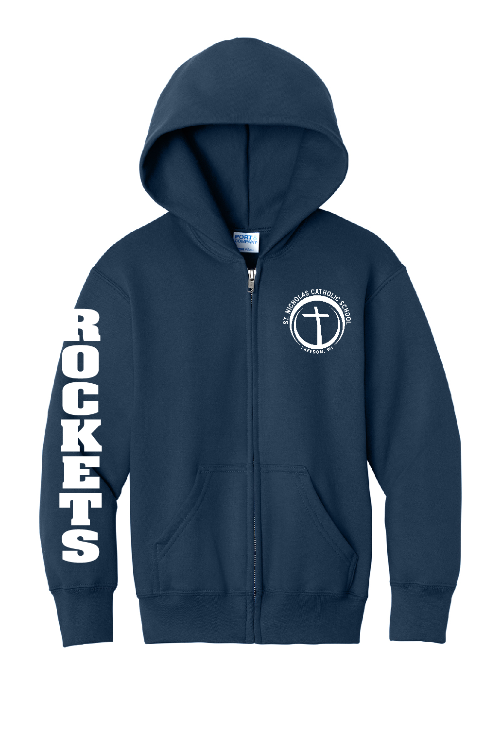 St. Nick's Port & Company Full Zip Hoodie ~ Youth~ 2 Colors ~ Rockets down the Sleeve