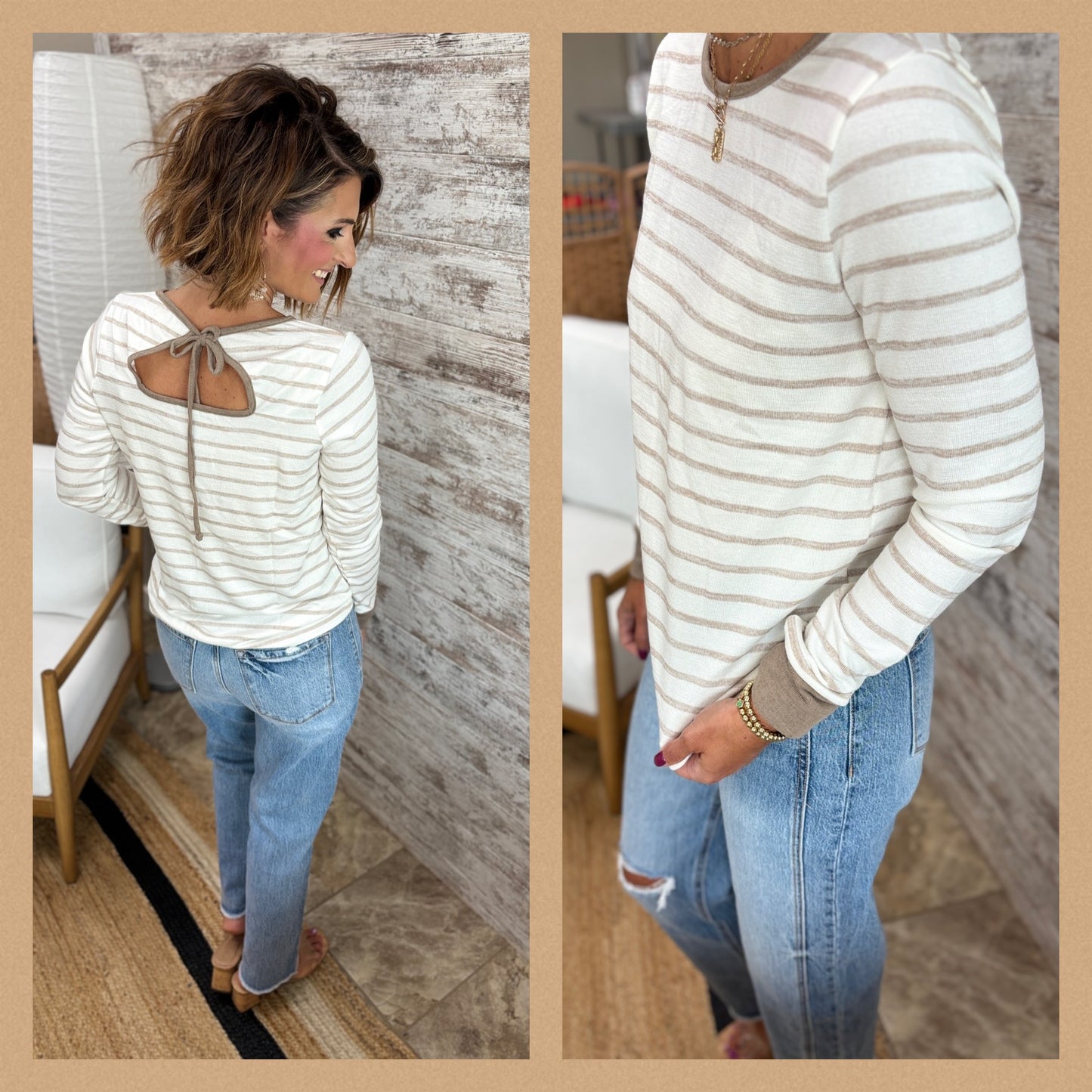 Ivory Striped Top with Tie Back