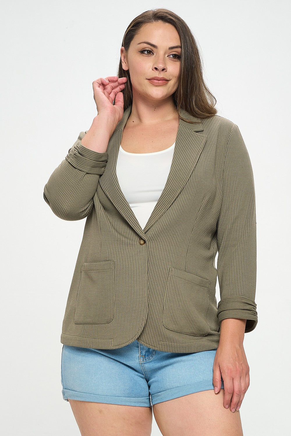 Olive Shirred Sleeve Textured Blazer