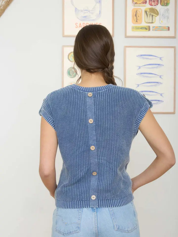 Indigo Acid Wash Button Sweater