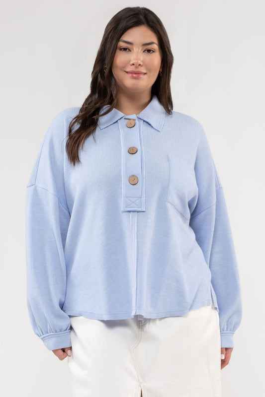 Lt Blue Collared Raw Edge Knit