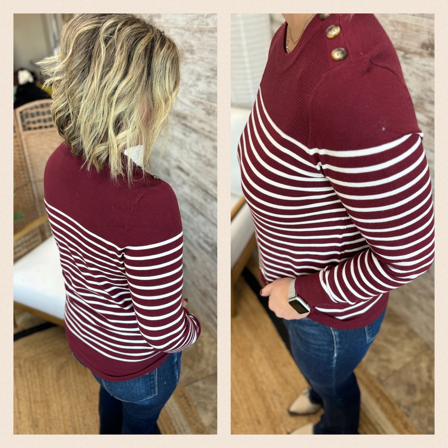 Burgundy and Ivory Striped Sweater with Button Detail