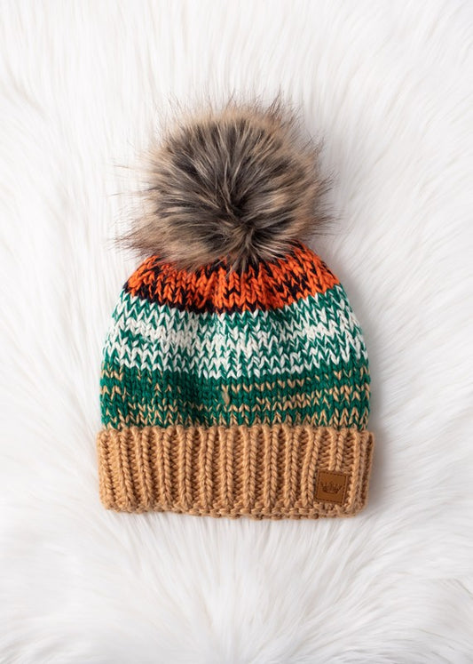 Camel, Green & Orange Patterned Pom Hat