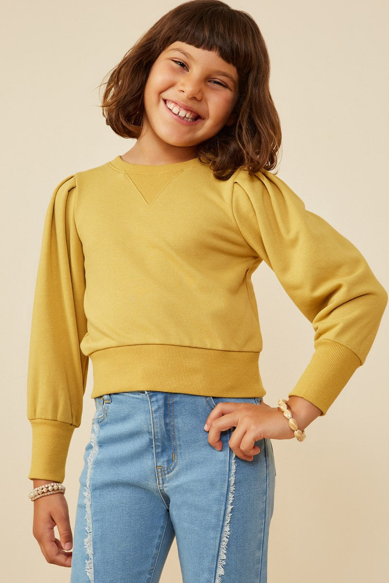 Girls Mustard Pleated Crew Neck