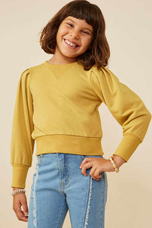 Girls Mustard Pleated Crew Neck