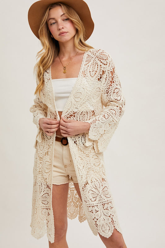Natural Crochet Knee Length Cardigan