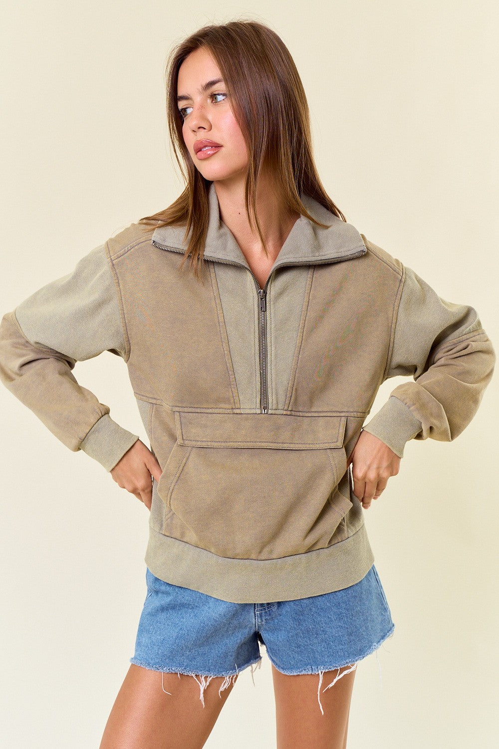 Olive Vintage Mixed Ribbed Half Zip Sweatshirt