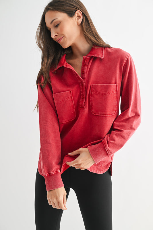 Half Button Mineral Wash Color Shirt ~ 2 Colors
