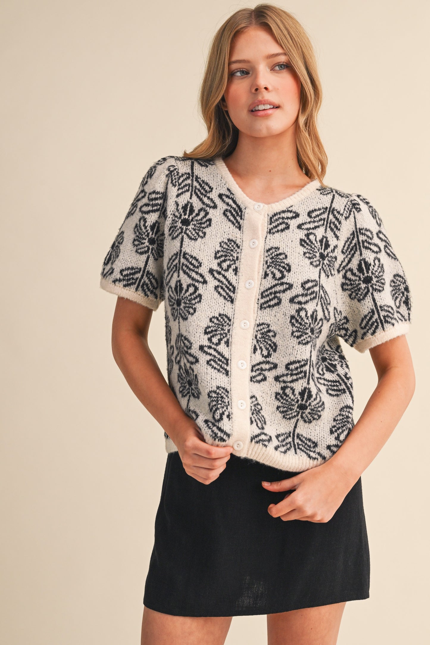 Black Floral Puff Short Sleeve Cardigan