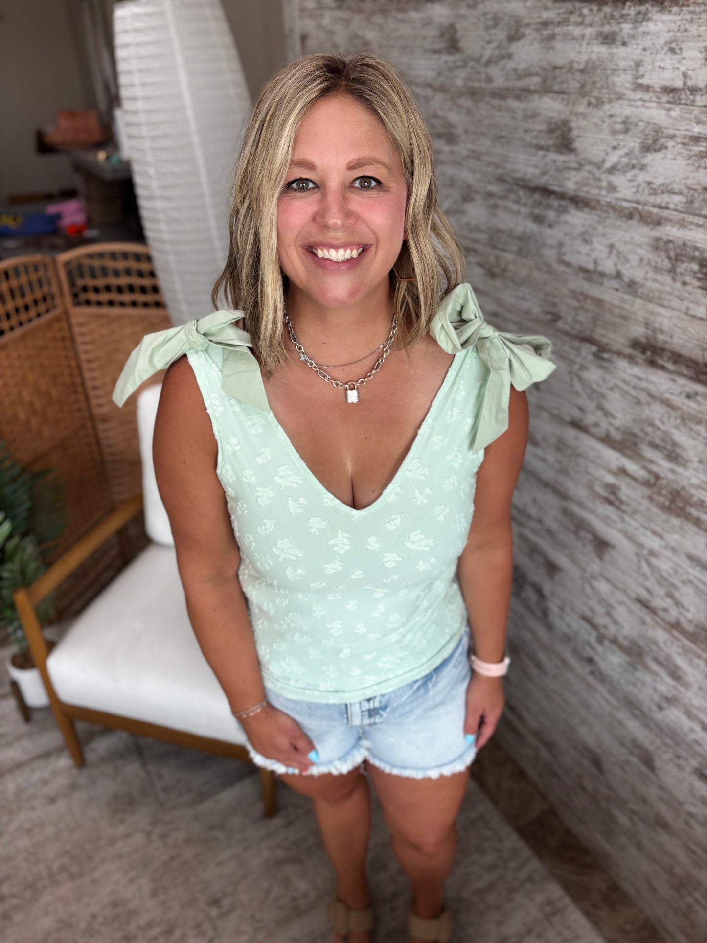 Sage Jacquard Tank with Ribbon Detail