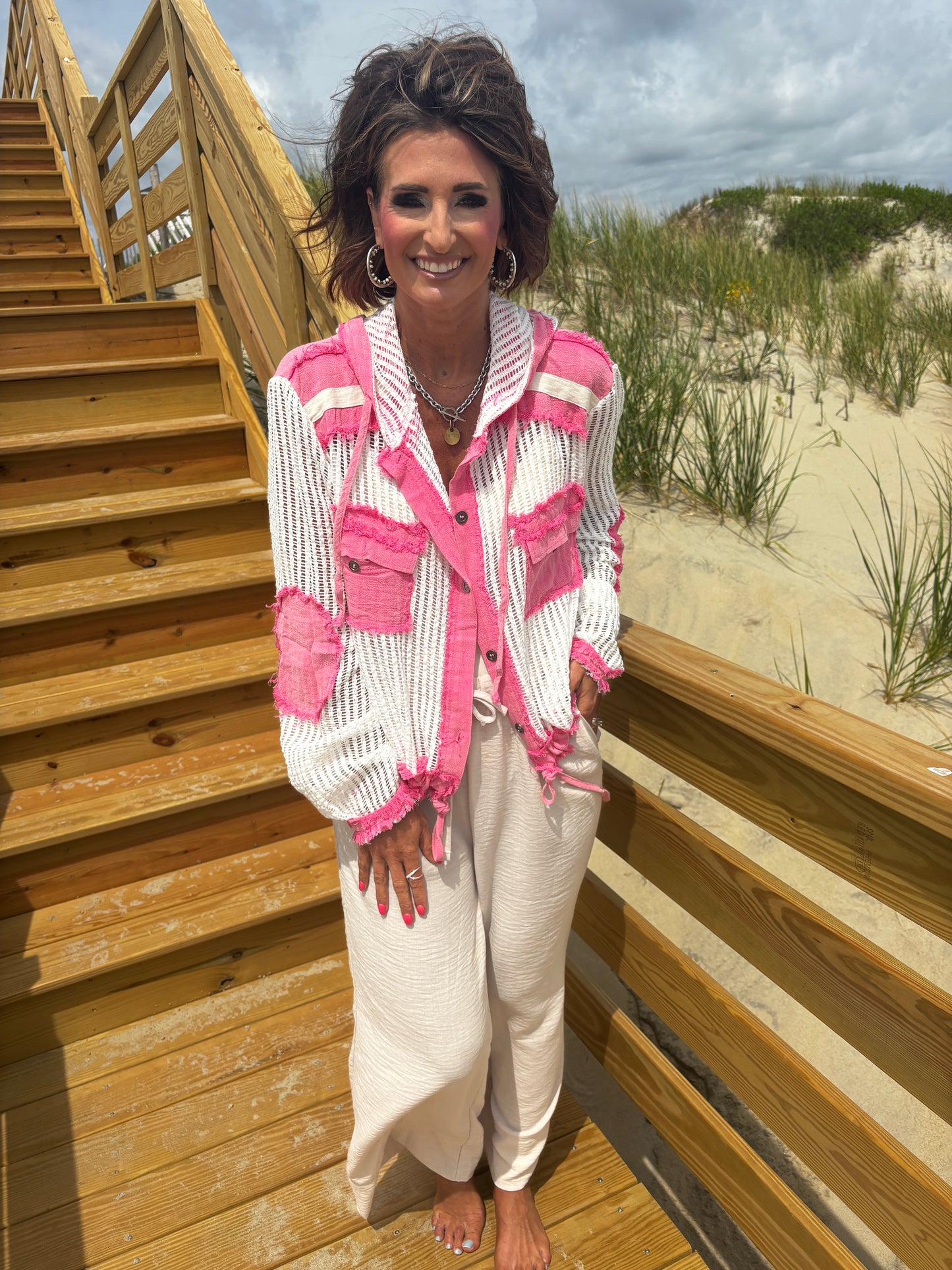 Pink Multi Woven Button Down With Hood