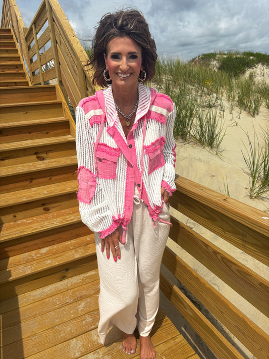 Pink Multi Woven Button Down With Hood