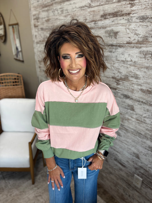 Peony/Green Color Block Striped Pullover