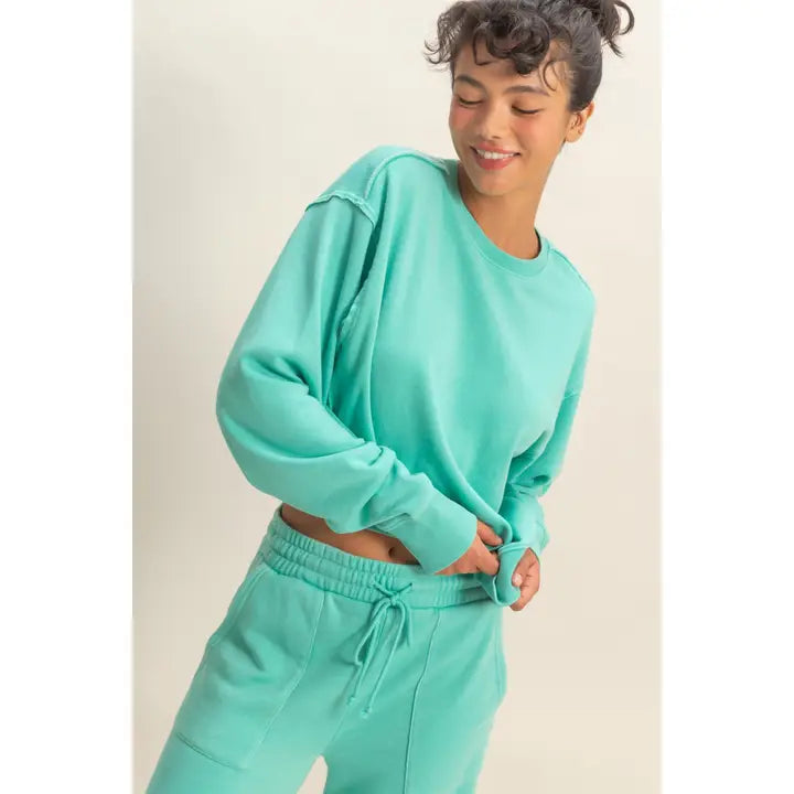 Turquoise Raw Edge Burnout Crew Neck