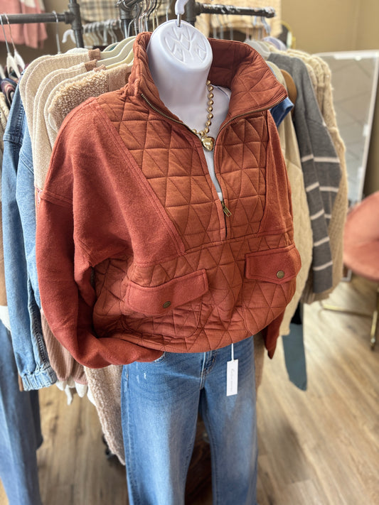 Rust Quilted Half Zip Pullover