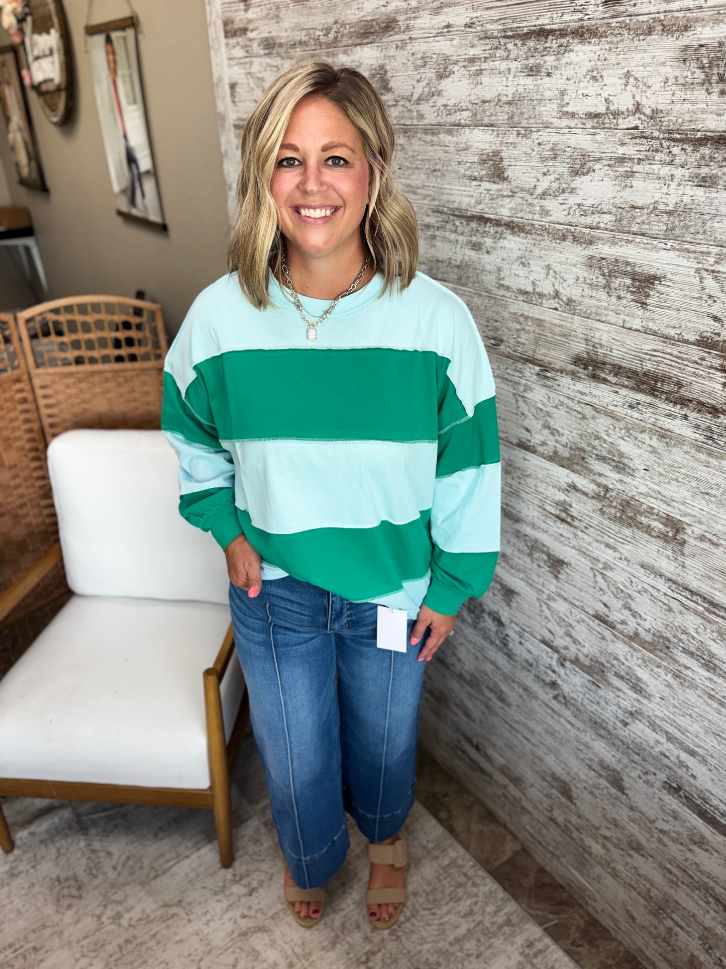 Sky Blue/Green Color Block Striped Pullover