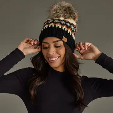 Cream, Rust, Black and Gray Patterned Pom Hat