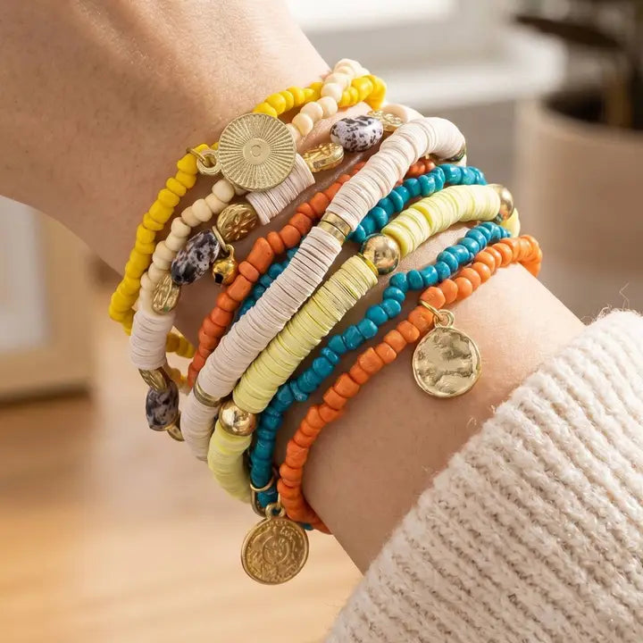 Boho Coin Charm Beaded Bracelet Stack Set ~ Rust/Blue