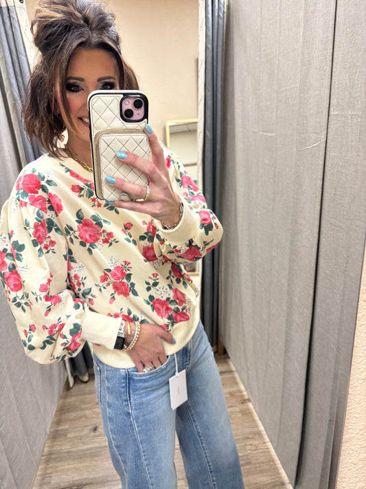 Cream/Coral Red Rose Printed Pullover
