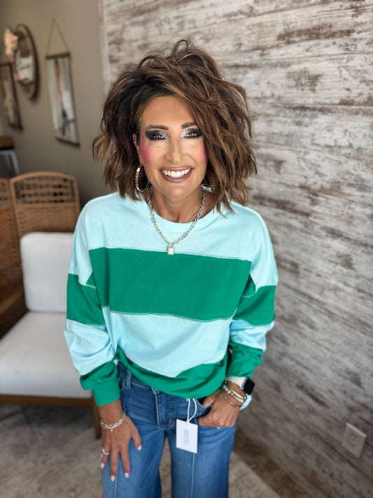 Sky Blue/Green Color Block Striped Pullover