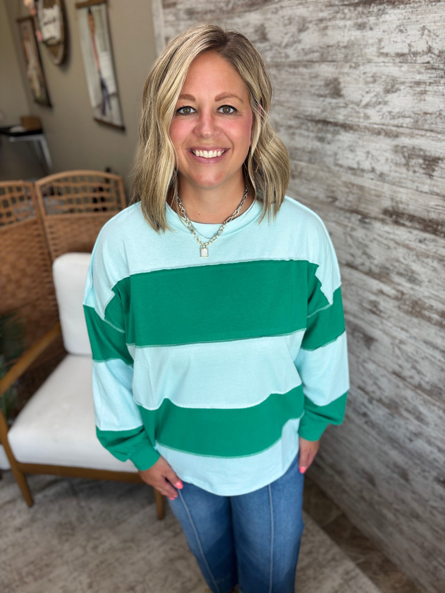 Sky Blue/Green Color Block Striped Pullover