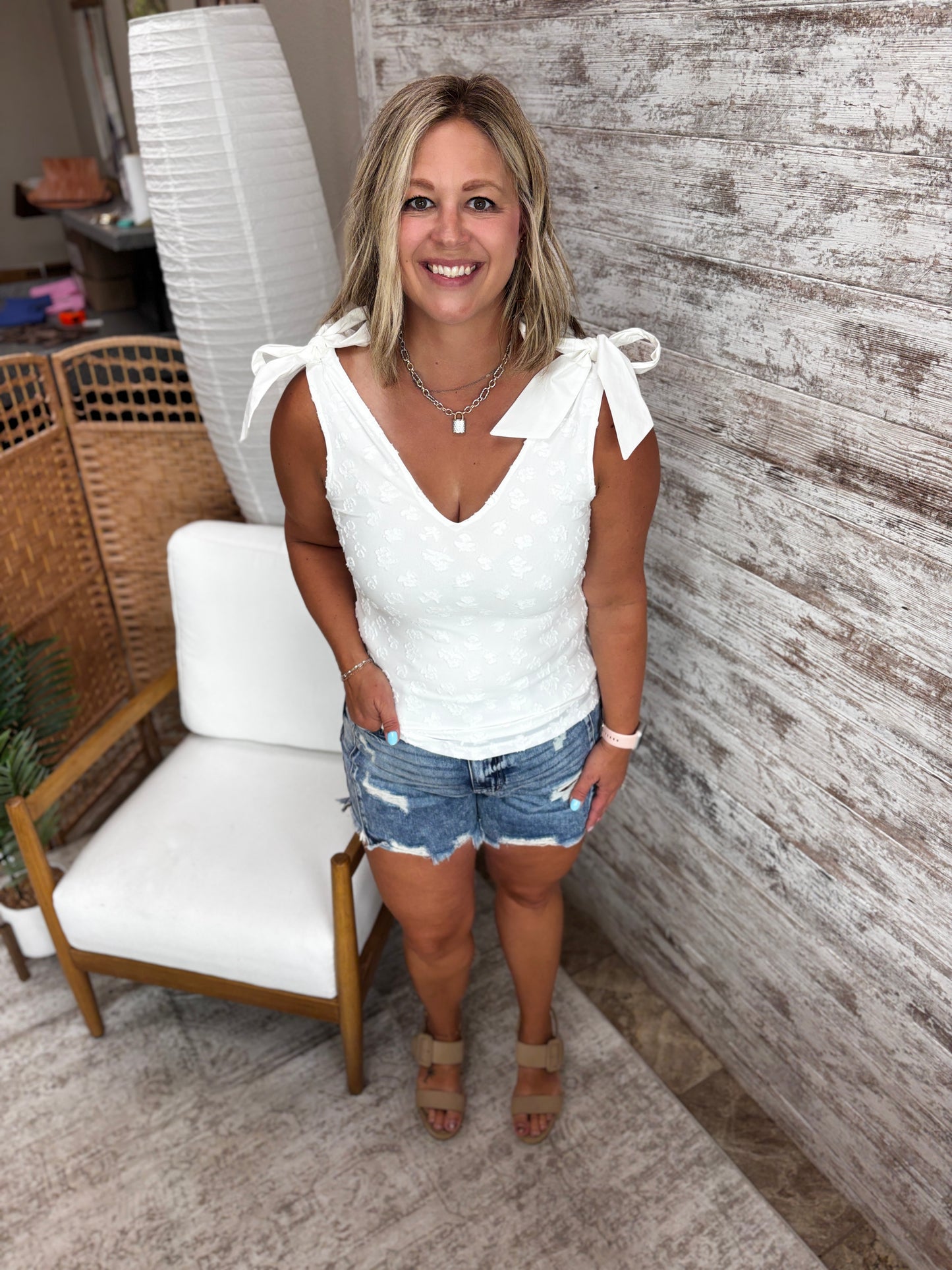 White Jacquard Tank with Ribbon Detail