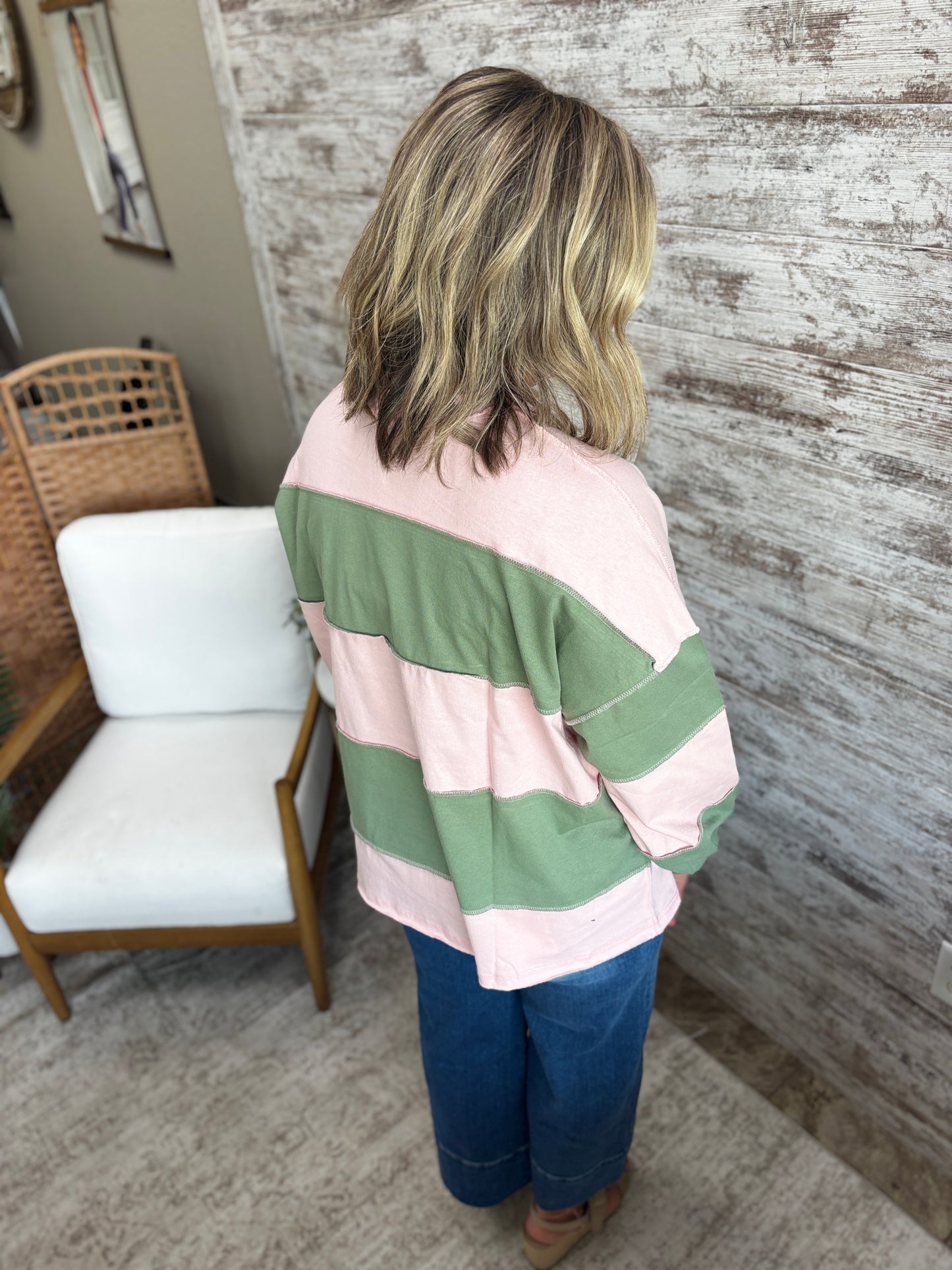 Peony/Green Color Block Striped Pullover